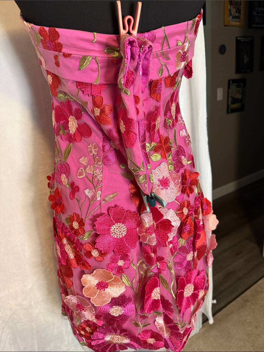 Strapless 3d Floral Embroidered Pink Cocktail Dress - Picture 3 of 4